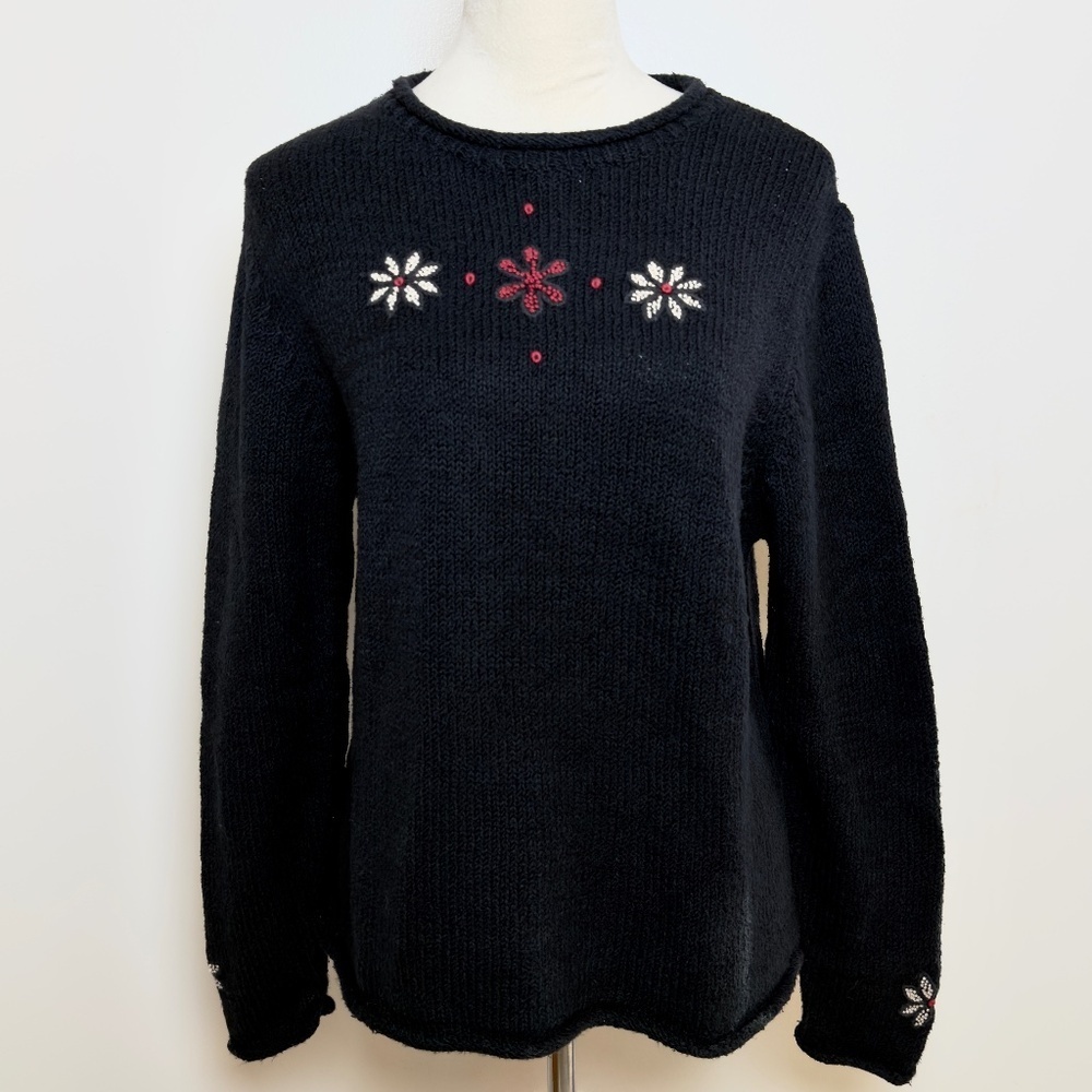 Vintage Woolrich Sweater Womens M Black Floral Embroidered Rolled Collar Cottage